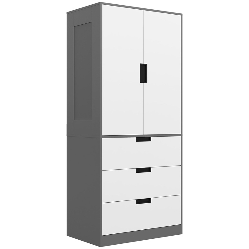 2 Door Wardrobe Grey Wardrobe with 3 Drawer and Hanging Rod for Bedroom