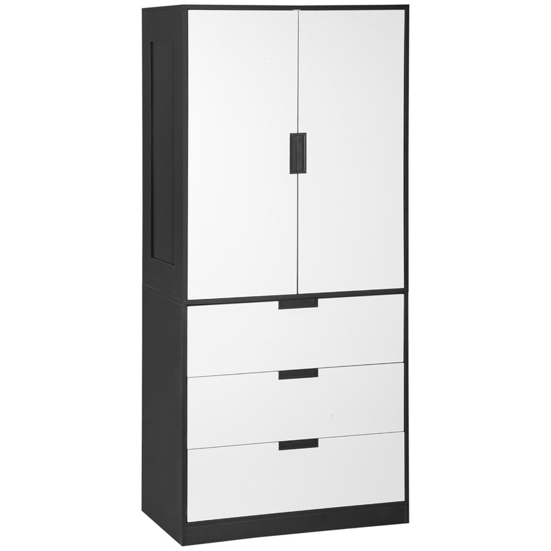 2 Door Wardrobe White Wardrobe with 3 Drawer and Hanging Rod for Bedroom