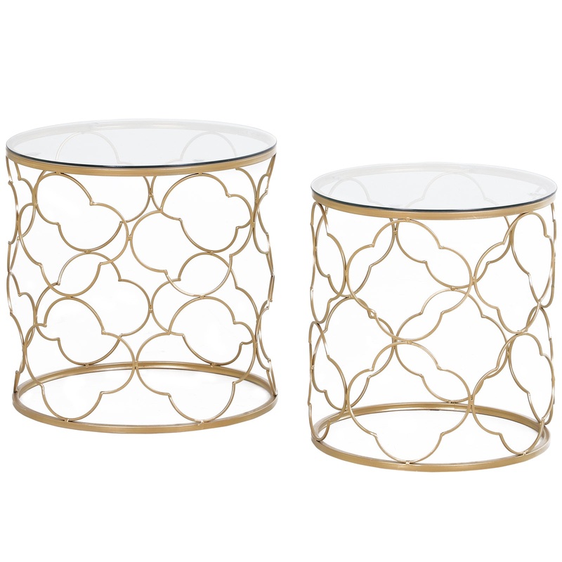 Nesting Tables Set of 2, Side End Table with Glass Top, Gold Tone