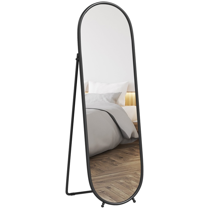 Oval Full Length Mirror with Metal Frame Hanging or Leaning Black