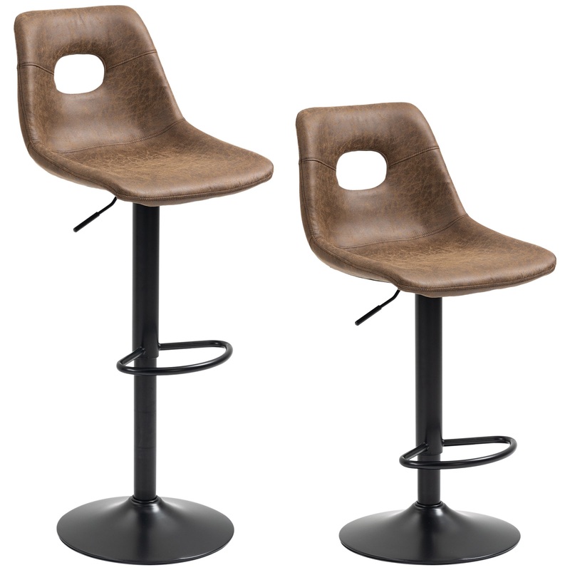 Retro Bar Stools Set of 2 Adjustable Height Swivel Leather-Like Brown