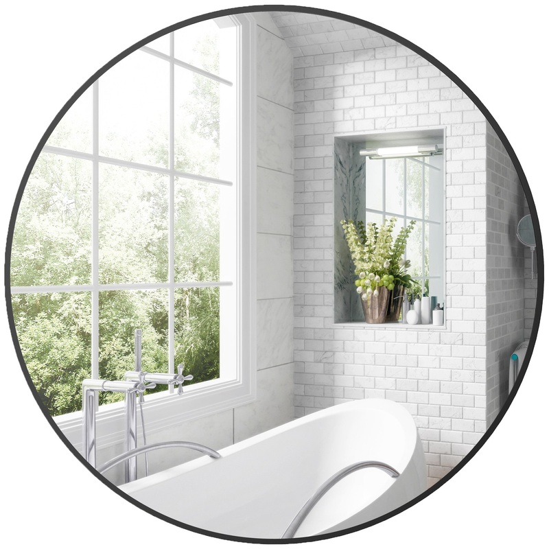 Round Bathroom Mirror, Modern Wall Mirror with Steel Frame, Black
