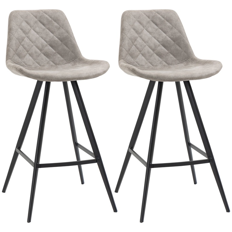 Set Of 2 Bar Stools Vintage Microfiber Cloth Tub Seats Padded Steel Grey