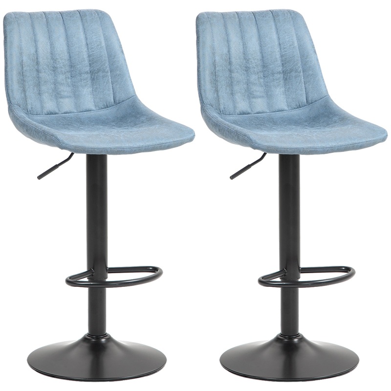 Set Of 2 Microfibre Retro Tub Bar Stools Metal Frame Footrest Seat Blue