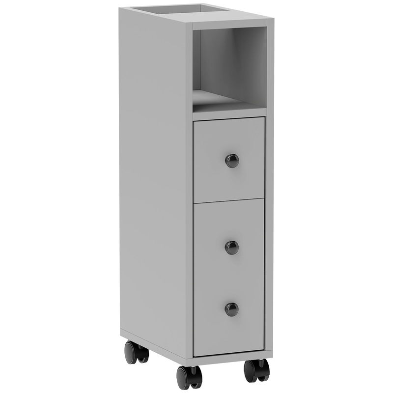 Slim Bathroom Storage with 2 Drawers, 2 Open and Wheels, Grey
