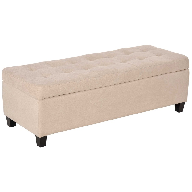 Storage Ottoman Bench Padded w/ Tufting Hinged Lid Wood Frame Beige