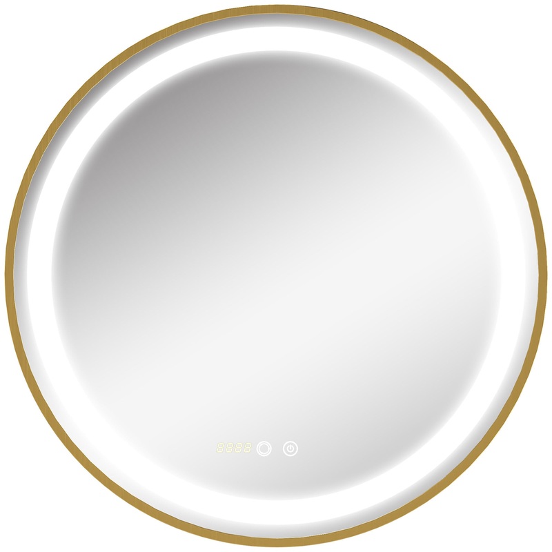 Wall Mounted LED Bathroom Mirror with 3 Light Colours Time Display Gold
