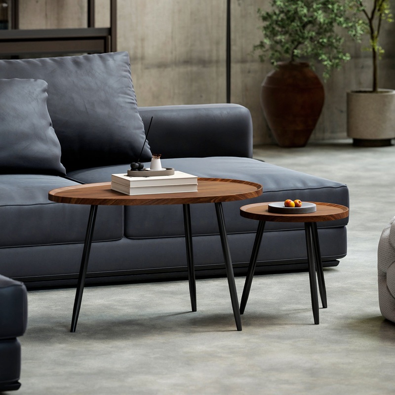 2 80cm Sofa Side Table Set of 2 with Metal Legs, Chestnut Wood Effect