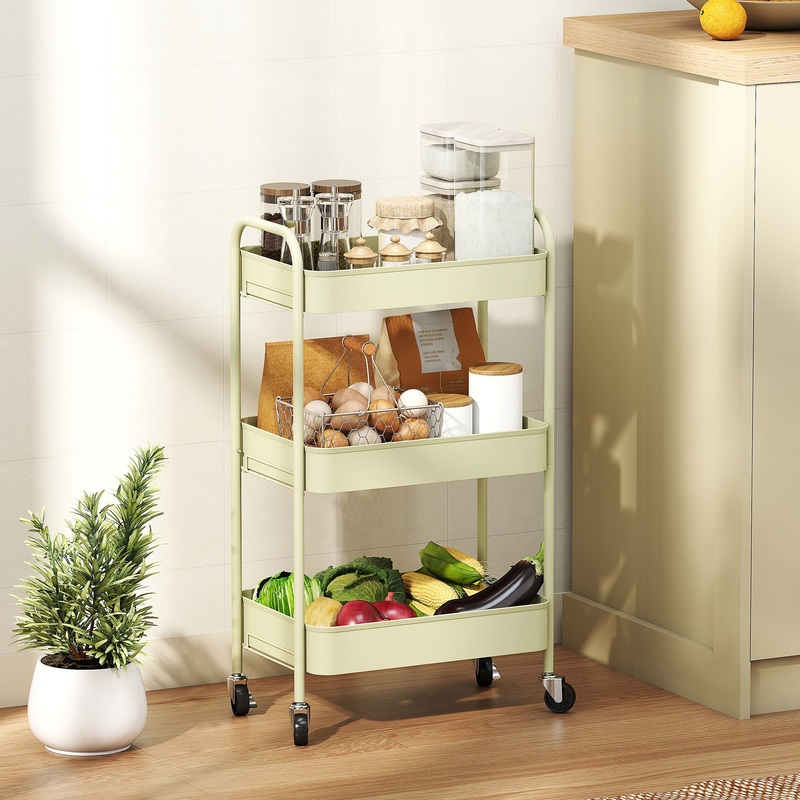 3 Tier Rolling Utility Cart with 3 Mesh Basket, Green