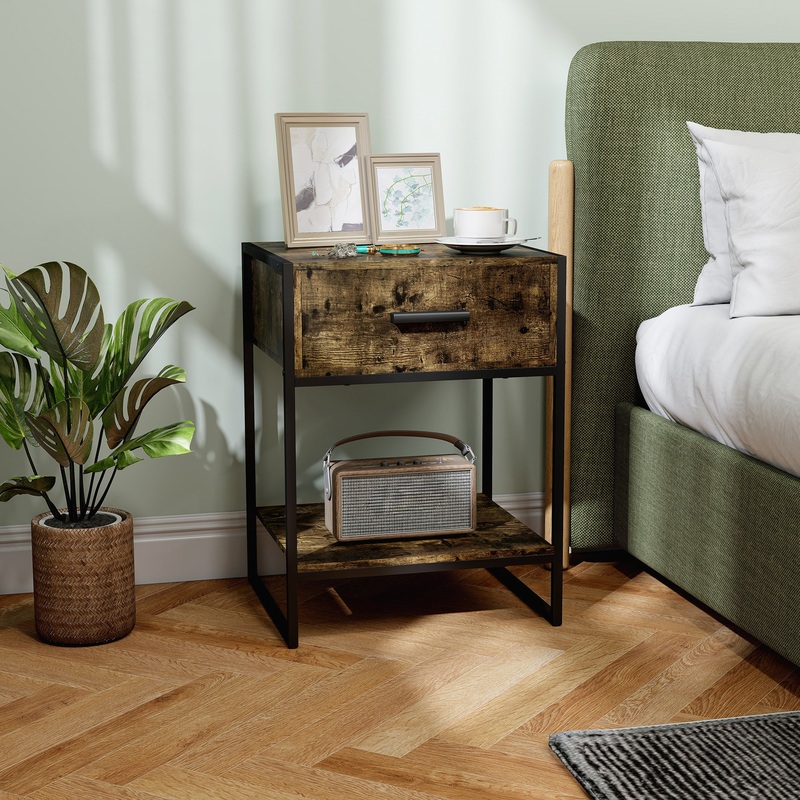 Modern Bedside Table, Nightstand with Drawer Shelf Rustic Brown