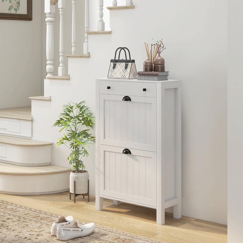 Narrow Shoe Cabinet with 2 Flip Drawers and Top Drawer, White