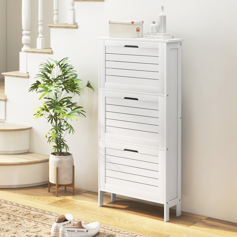 Narrow Shoe Storage Cabinet with 3 Flip Drawers, White