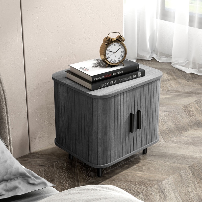 Nightstand with Sliding Doors and Metal Legs for Bedroom Grey