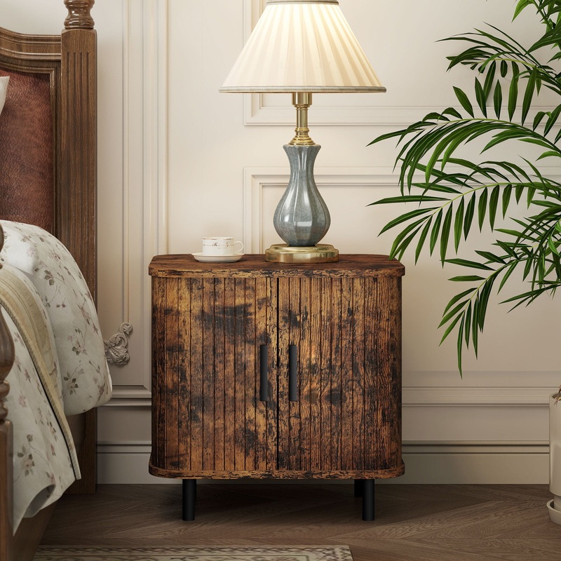 Nightstand with Sliding Doors and Metal Legs Rustic Brown