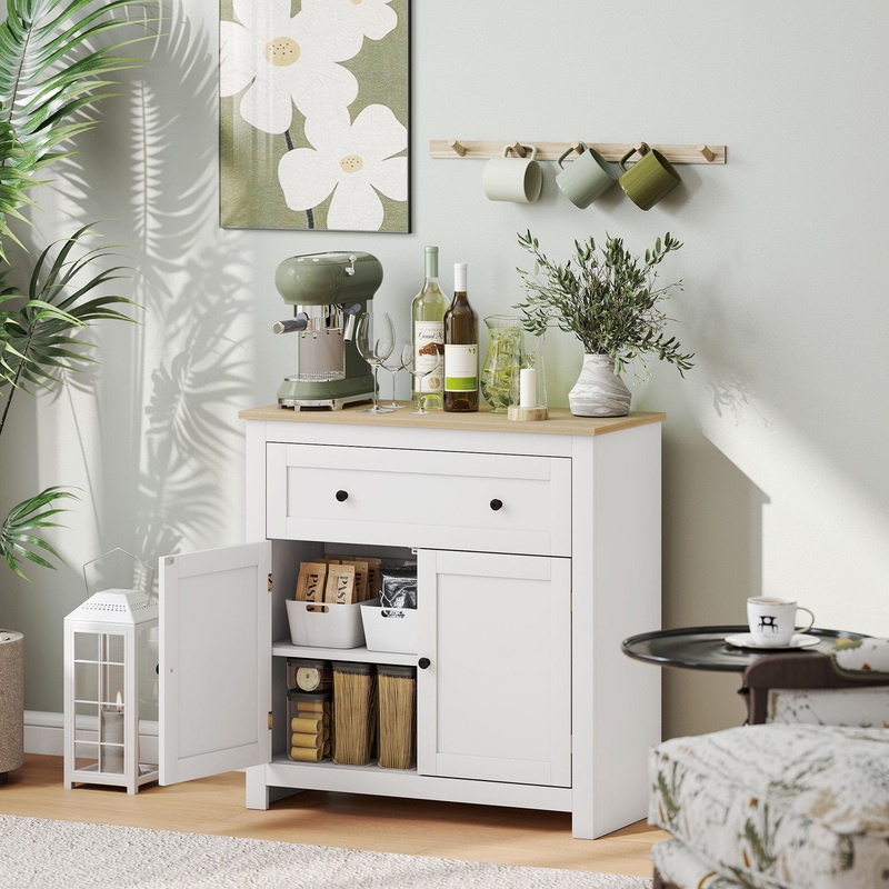 Sideboard Storage Cabinet with Adjustable Shelf, Drawer, White