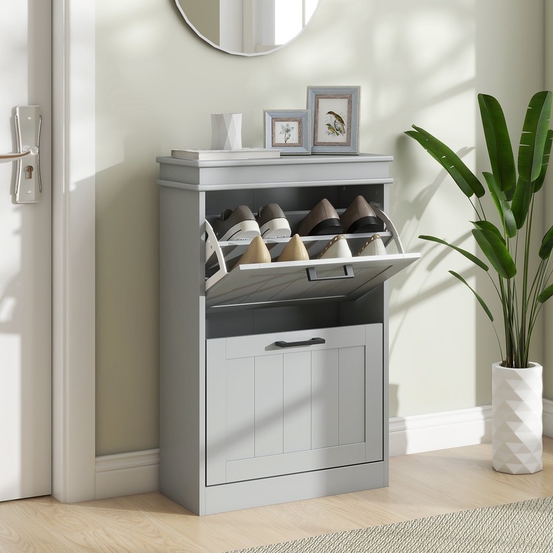 Slim Shoe Storage Cabinet with 2 Flip Drawers for Entryway, Grey