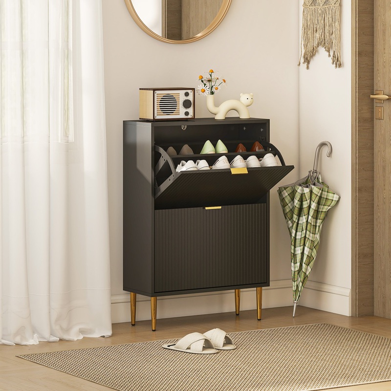 Slim Shoe Storage Cabinet with 2 Flip Drawers for Hallway, Black