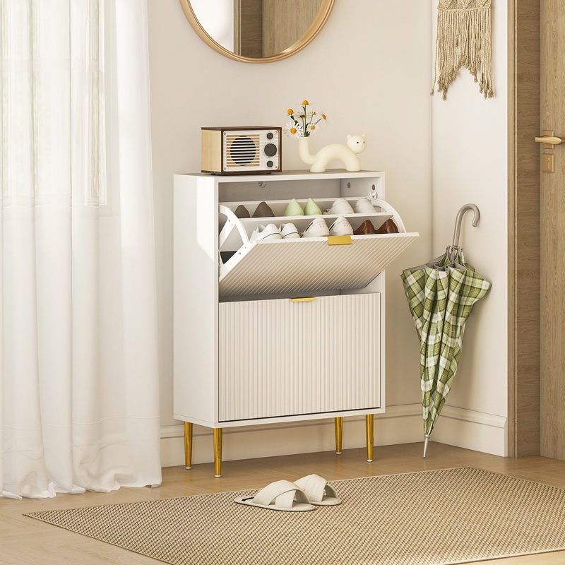 Slim Shoe Storage Cabinet with 2 Flip Drawers for Hallway, White