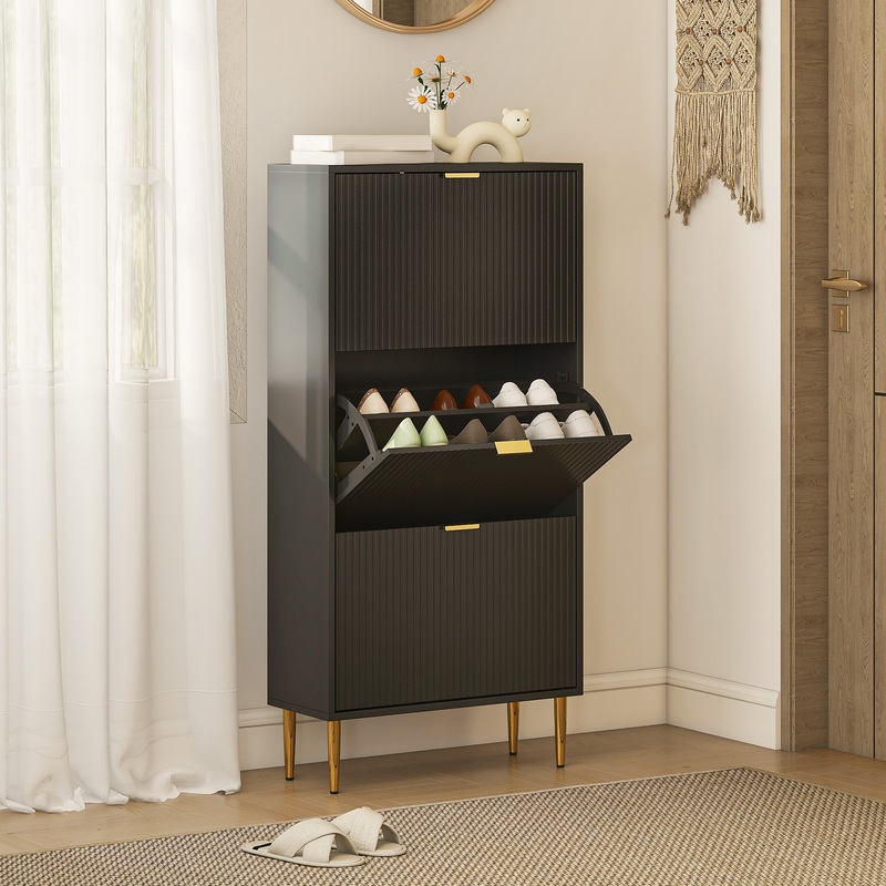 Slim Shoe Storage Cabinet with 3 Flip Drawers for Hallway, Black