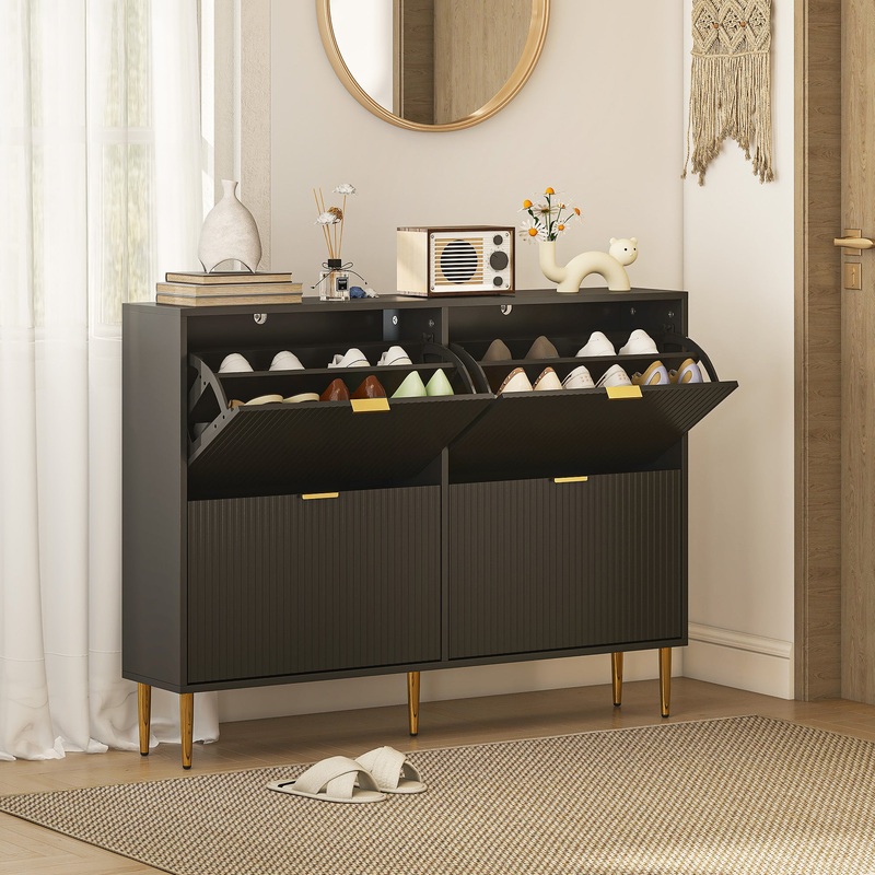 Slim Shoe Storage Cabinet with 4 Flip Drawers for Hallway, Black