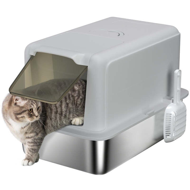 Stainless Steel Cat Litter Box with Removable Lid, Scoop, Grey