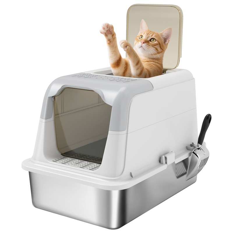 Stainless Steel Litter Box, Enclosed Metal Litter Tray with Scoop