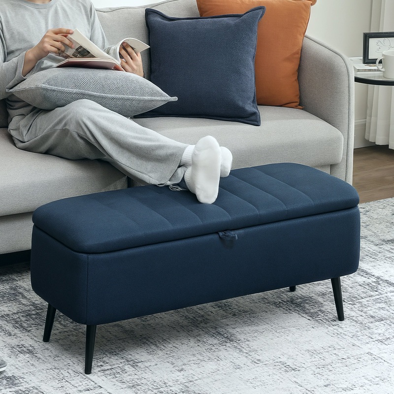 Storage Ottoman Bench, Linen Fabric Footstool with Steel Legs Blue