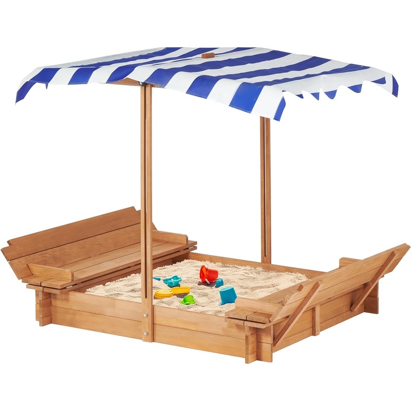 Kids Sandbox With Adjustable Cover, Sand Box With 2 Foldable Bench Seats, Outdoor Sandpit For Backyard Play – Light Brown