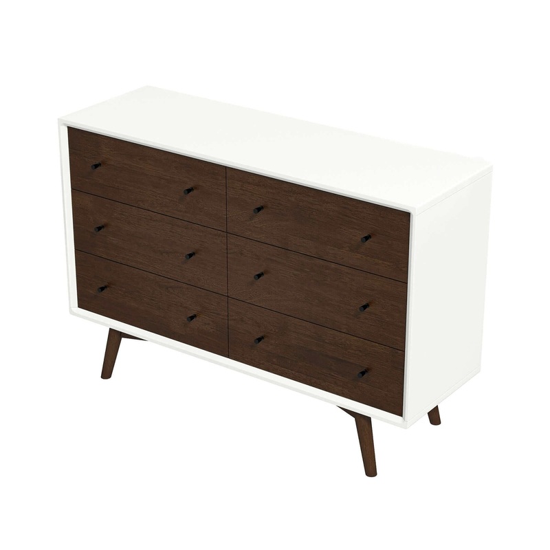 Mid-Century Modern White Dresser 6 Drawer – Dark Brown / White