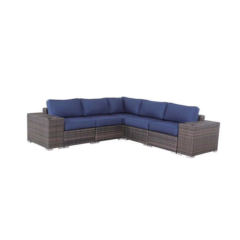 Rattan Wicker 4 Person Seating Group With Cushions Stylish & Comfortable Outdoor Lounge Set – Brown / Navy Blue