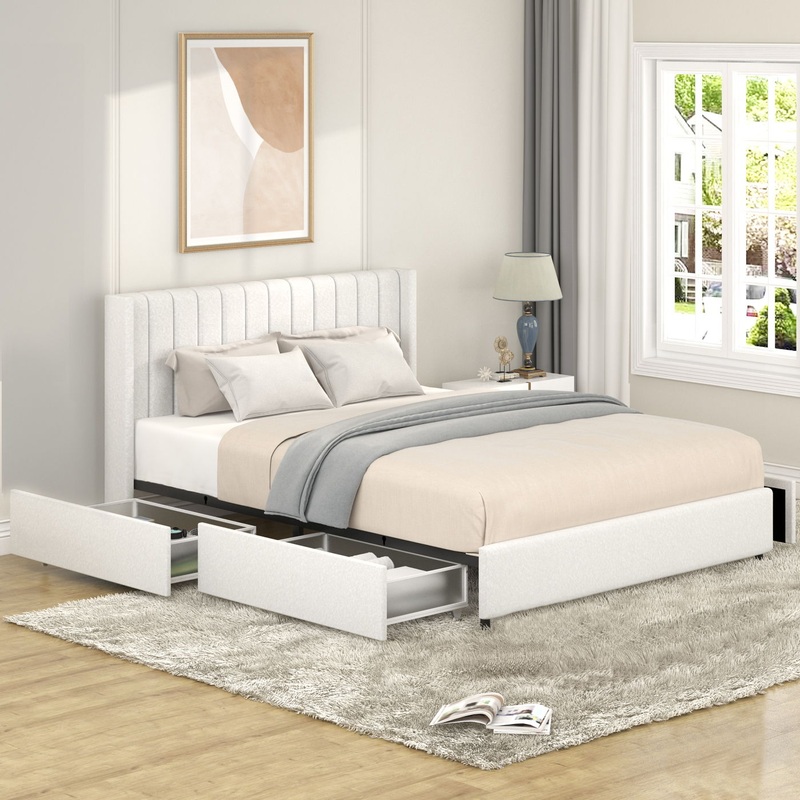 Anda – Boucle Upholstered Platform Bed With Patented Drawers Storage – Ivory