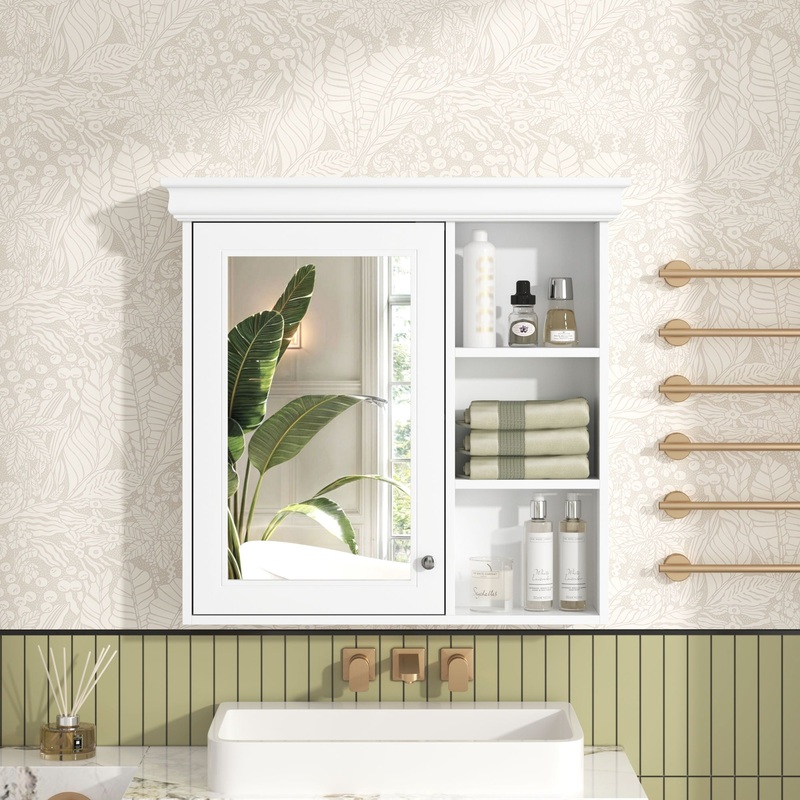 Bathroom Medicine Cabinet With Mirror, Wall Mounted Mirror Cabinet & Storage Organizer, Over The Toilet Storage White Storage Cabinet For Bathroom – White