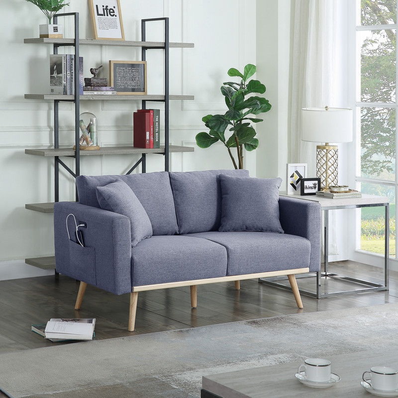 Easton – Linen Fabric Loveseat With USB Charging Ports Pockets And Pillows