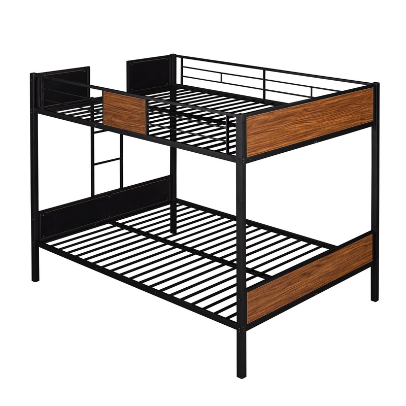 Full Over Full Bunk Bed Modern Style Steel Frame Bunk Bed With Safety Rail, Built-In Ladder For Bedroom – Brown