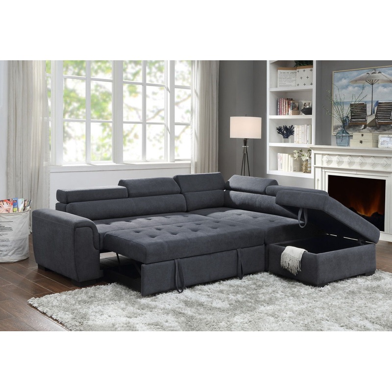 Haris – Fabric Sleeper Sofa Sectional With Adjustable Headrest And Storage Ottoman – Dark Gray