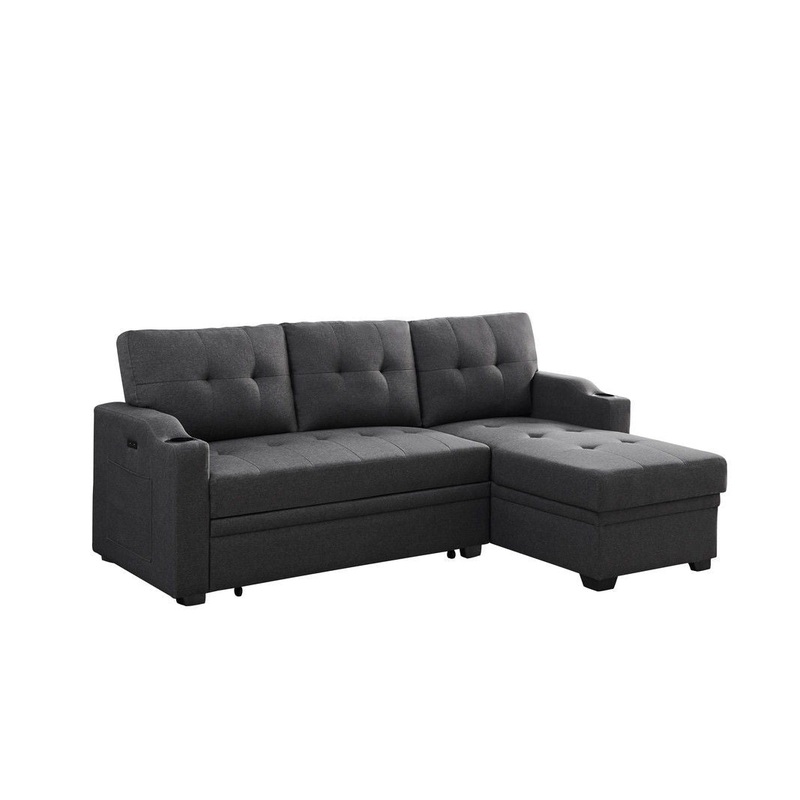 Mabel – Linen Fabric Sleeper Sectional With Cupholder, USB Charging Port And Pocket