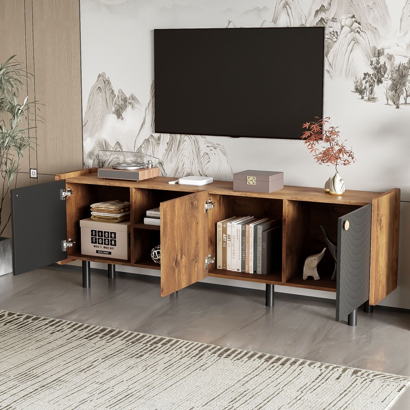 Mid Century TV Stand & 3 Cabinets, Media Console Table For Tvs Up To 70”, Entertainment Center With Storage For Living Room – Black / Brown