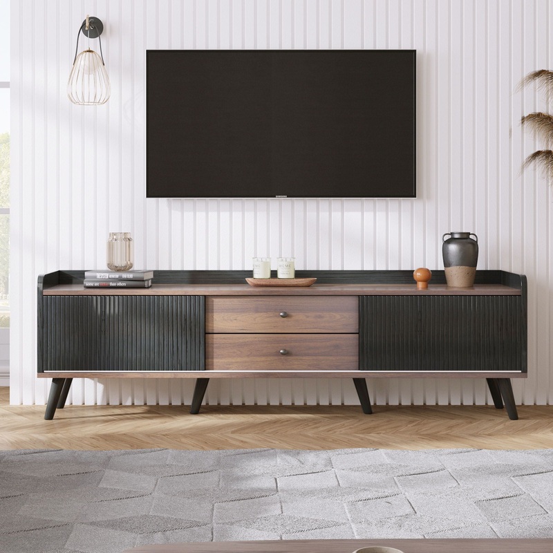 Mid Century TV Stand With 2 Cabinets & Open Compartments, Entertainment Center For Tvs Up To 70”, Television Console For Living Room – Dark Coffee / Black