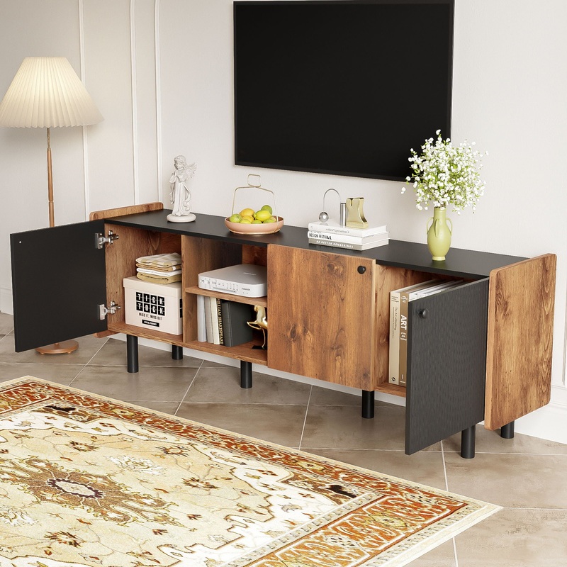 Mid Century TV Stand With 3 Cabinets, Media Console Table For Tvs Up To 70”, Entertainment Center With Storage For Living Room – Black / Brown