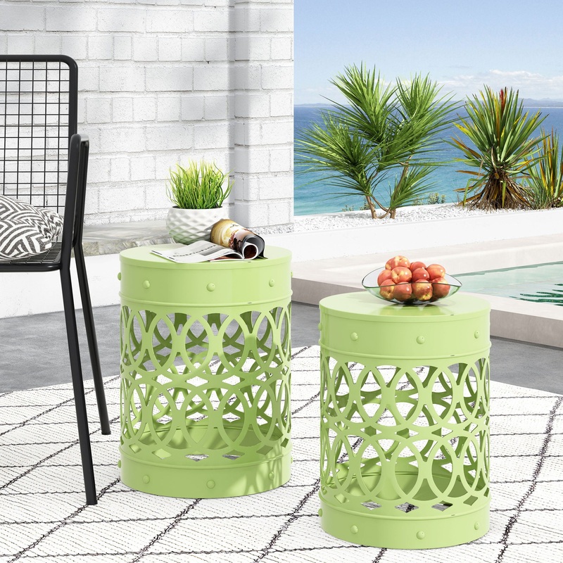 Outdoor Metal S/2 End Table|Yellow|White|Green