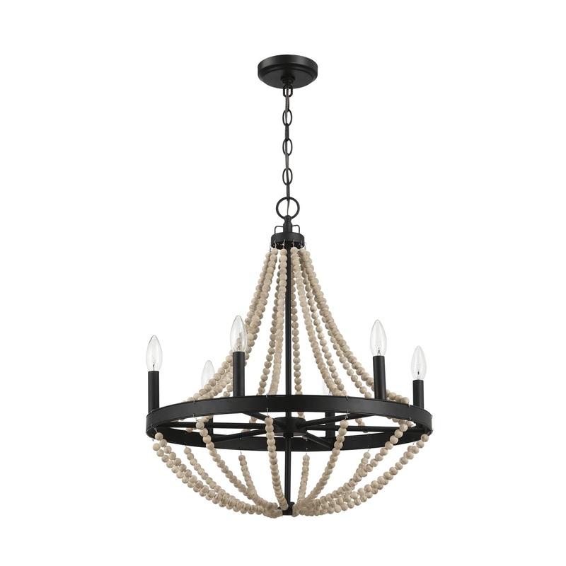 Starry – Chandelier Farmhouse Six Candle Light Wood Beaded Pendant Light For Dining Room – Black / Clear