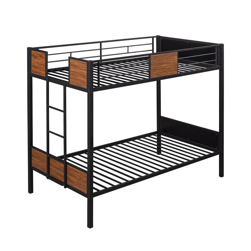 Twin Over Twin Bunk Bunk Bed With Safety Rail, Built In Ladder For Bedroom – Brown