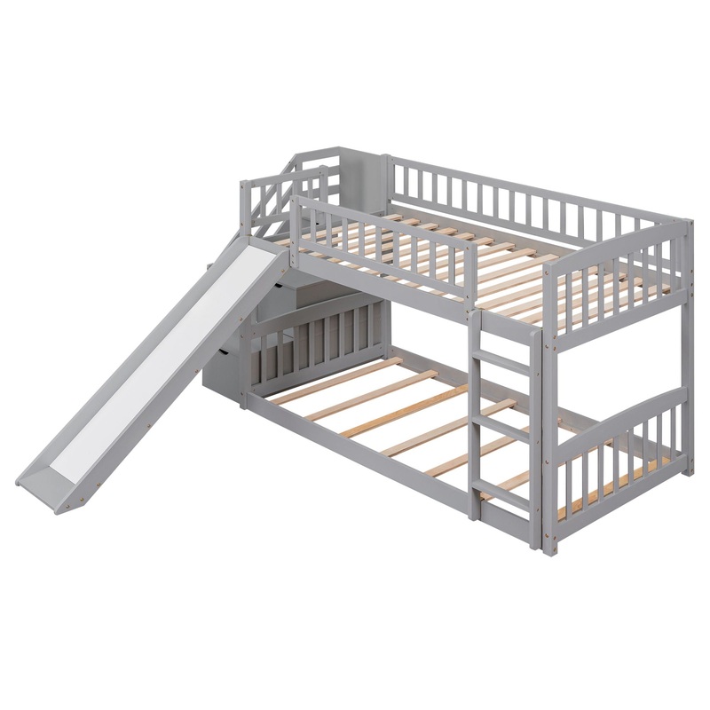 Twin Over Twin Bunk Stairway Bed With 2 Drawers And Slide – Gray