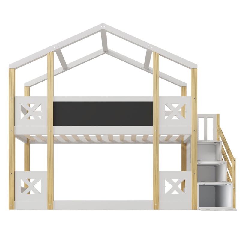 Twin Over Twin House Bunk Bed With White Storage Staircase And Blackboards – White