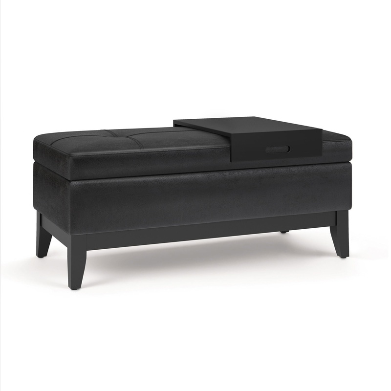 Oregon – Storage Ottoman Bench With Tray – Distressed Black