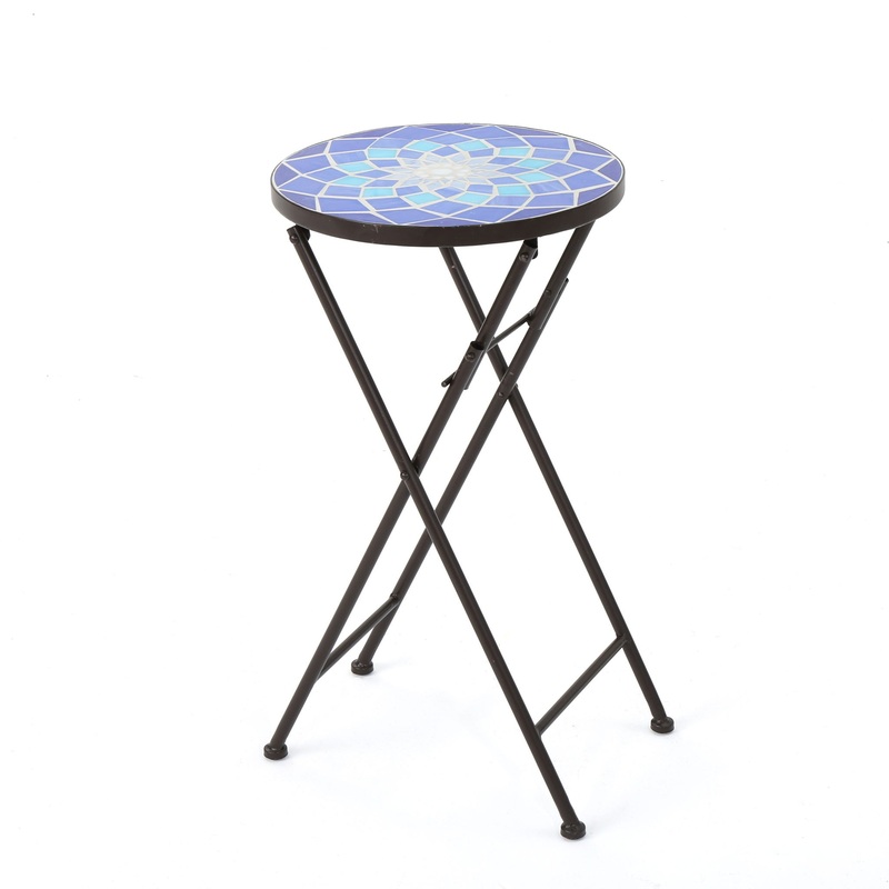 Outdoor Folding Accent Table With Glass Top And Iron Frame – White / Blue