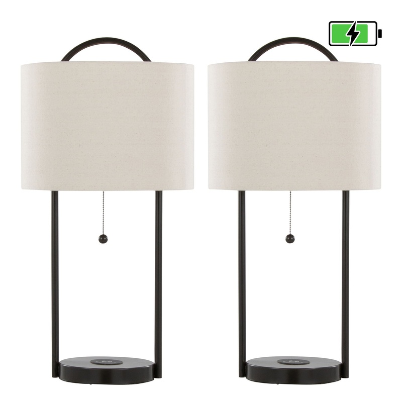 Porto – Contemporary Table Lamp With Wireless Charging (Set of 2) – Oil Bronze / Natural
