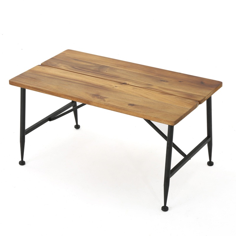 Rectangle Outdoor Coffee Table With Angled Tubular Legs And Wood Top – Black