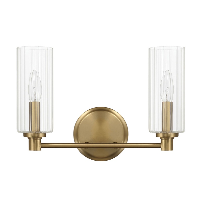 Regal – Double Light Vanity With Clear Ribbed Satin – Antique Brass / Clear