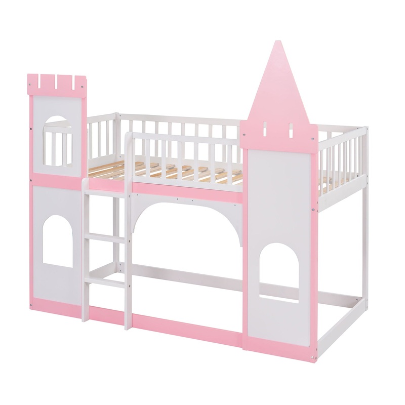 Twin Over Twin Castle Bunk Bed With Ladder – Pink